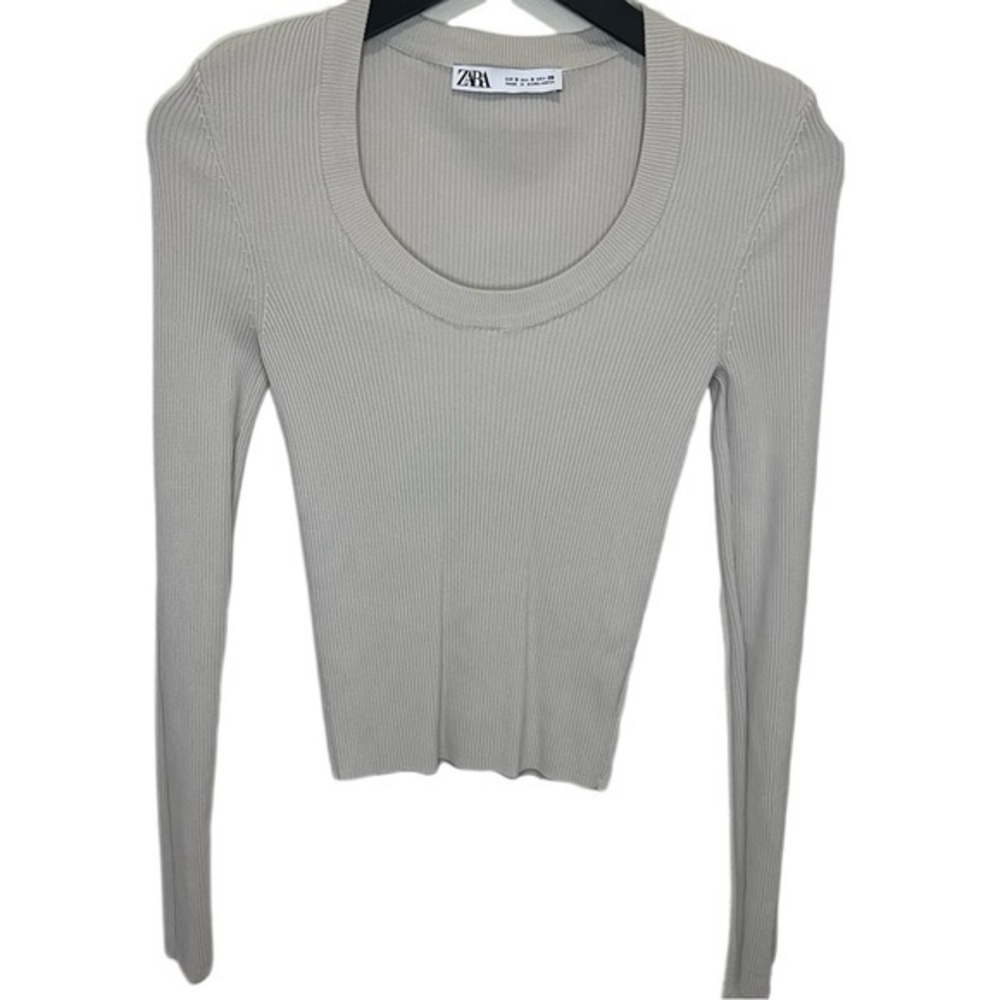 Zara Ribbed Round Neck Top Beige